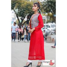 Red Chicken Printed Long Kurti With Waist Coat For Women