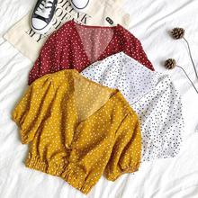 Spring Summer Women Polka Dots Tops V-neck Puff Sleeves