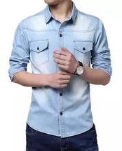 Light Blue Solid Casual Denim Shirt For Men