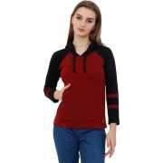 Color Block Women Hooded Neck Maroon T-Shirt