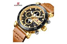 NaviForce Day Date Function Golden/Brown Luxury Chronograph Watch (NF9131)