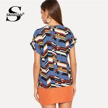 Sheinside Geometric Print Raglan Sleeve Blouse Women 2019