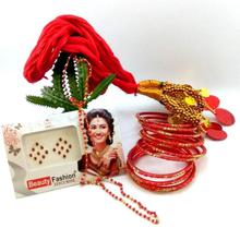 Combo Of Gold Plated Potey Mala + Bangles + Hair Dhaago and Free Tika- Golden/Red/Green