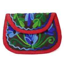 Black/Blue Leaf Embroidered Small Zip Purse For Women