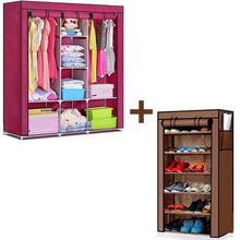 Combo Of Wardrobe Clothes Rack + Portable 6 Layer Shoe Rack  (Random Color)