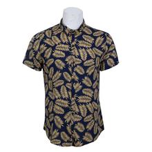 Navy Cotton Leaf Printed Shirt For Men