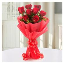 8 Red Roses With Red Non Woven Paper Packing Bouquet