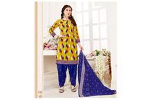 Mustard Yellow/Blue Cotton Kurta Set For Women