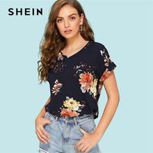 SHEIN Roll Up Sleeve Floral Top 2018 Summer Short Roll Up