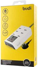 M8J302 Budi 3 Pin Home Charger With Extension 6 USB Port With Socket, 24 WATT, 1.8m For IPHONE and ANDROID