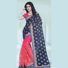 Red/Navy Blue Two Toned Printed Saree With Blouse For Women - 1004