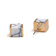 Gold Toned Marble Inlaid Square Stud Earrings For Women