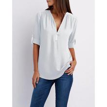 Women Summer Chiffon Blouse Top 2019 V Collar Zipper Roll Up