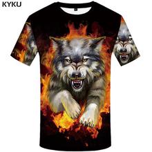 KYKU Wolf T-shirt Men Flame Tshirt Aggressive Anger Shirts 3d T