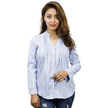 Blue Striped Front Buttoned Full Sleeve Top For Women