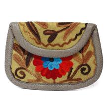 Yellow/Brown Floral Embroidered Small Zip Purse For Women