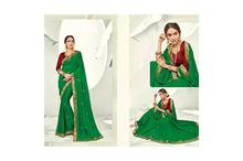 Printed Saree With Unstitched Blouse For Women - Green/Red