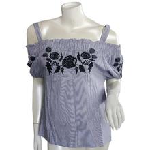Blue/White Embroidered Shoulder Cut Top For Women