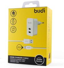 Budi 2 pin Home Charger IPHONE and ANDROID, EU plug and 2 USB port, with 1.2M Lightning Cable