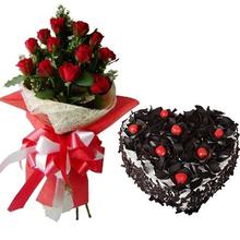 Heart Shape Black Forest Cake & Chocolate crisps with 12 Red Rose
