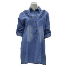 Light Blue Washed Denim Long Top For Women