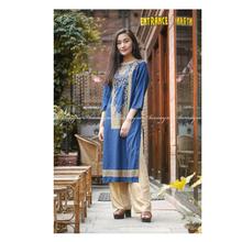 Blue Kurti With Golden Print For Women