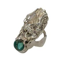 Silver Dragon Carved Stone Studded Ring