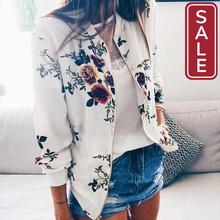 Print Bomber Jacket Women Flowers Zipper Up Retro Coat