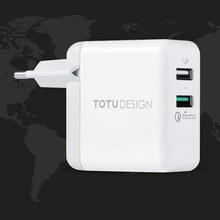 TOTUDESIGN Super Series Universal Dual USB Ports Travel Charger QC3.0 Quick Charger, EU Plug, For iPad, Laptop, iPhone, Samsung, HTC, Huawei, Xiaomi, and Other Smart Phones, Rechargeable Devices(White)
