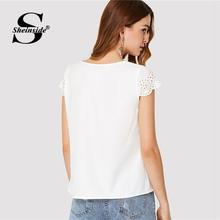 Sheinside White Cap Sleeve Solid Blouse Scallop Laser Cut