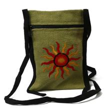 Green Hemp Sun Embroidered Sling Bag For Women