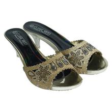 Golden Sequin Work Heeled Sandals For Women - 125-28