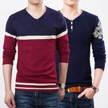 Autumn Spring Casual Men's Sweater V-Neck Striped Slim Fit