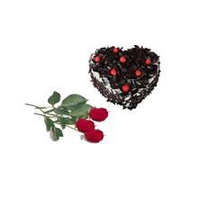 Heart shape Black Forest Cake with 6 Red Rose