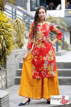 "Red printed kurti with yellow skirt"