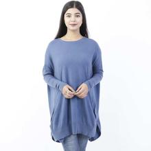 Cerulean Blue Front Pocket Designed Mix Cashmere T-Shirt For Women