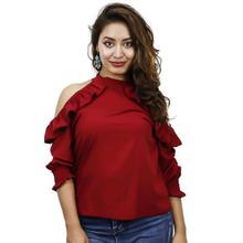 Dark Red Cold Shoulder Solid Top For Women