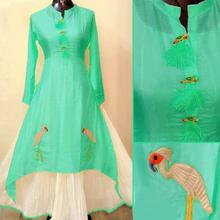 Green Chanderi Silk Cotton Embroidered Flared Kurta For Women