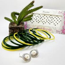 Green Bangles And Faux Moti Earrings Set With Free Tika Packet