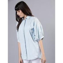 Casual 3/4 Sleeve Solid Women Light Blue Top
