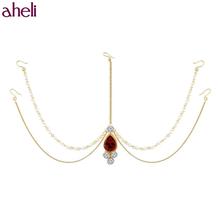 Aheli Gold Plated Wedding Bridal Crystal Pearl Bahubali Maang Tikka Hair Accessary Matha Patti for Women Glirls Indian South Indian Jewellery