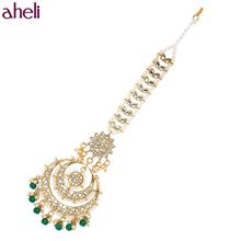 Aheli Gold Plated Wedding Kundan Green Pearl Maang Tikka for Women