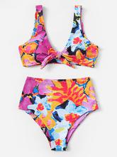 Random Floral Top With High Waist Bikini Set