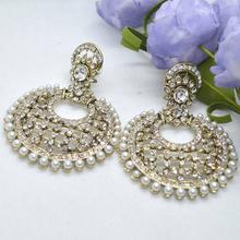 Silver/White Toned Stone & Faux Pearl Studded Chandbali Style Earrings For Women