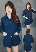 Blue Front Pocket Long Shirt For Women