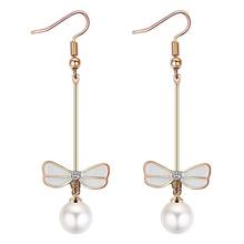 White Bow Rhinestone Crystal Pearl Long Ear Stud Jewelry