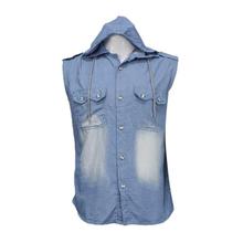 Light Blue Washed Hooded Denim Casual Shirt For Men