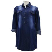 Dark Blue Washed Denim Long Shirt For Women