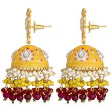 Aheli Indian Traditional Floral Enamel Jhumki Jhumka Earrings with Faux Beads Tassel Ethnic Wedding Fashion Party Jewellery for Women (Yellow)
