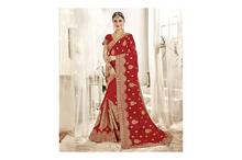Embroidered Saree With Blouse Piece For Women-Red/Golden